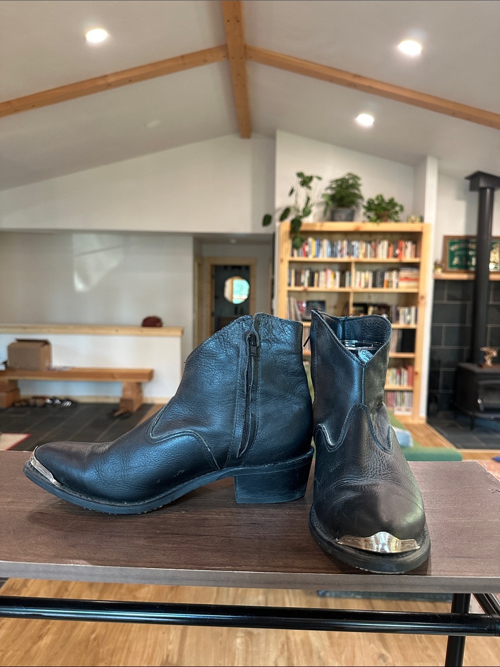 Vintage Double H Black Leather Ankle Boots with Silver Toe Caps
